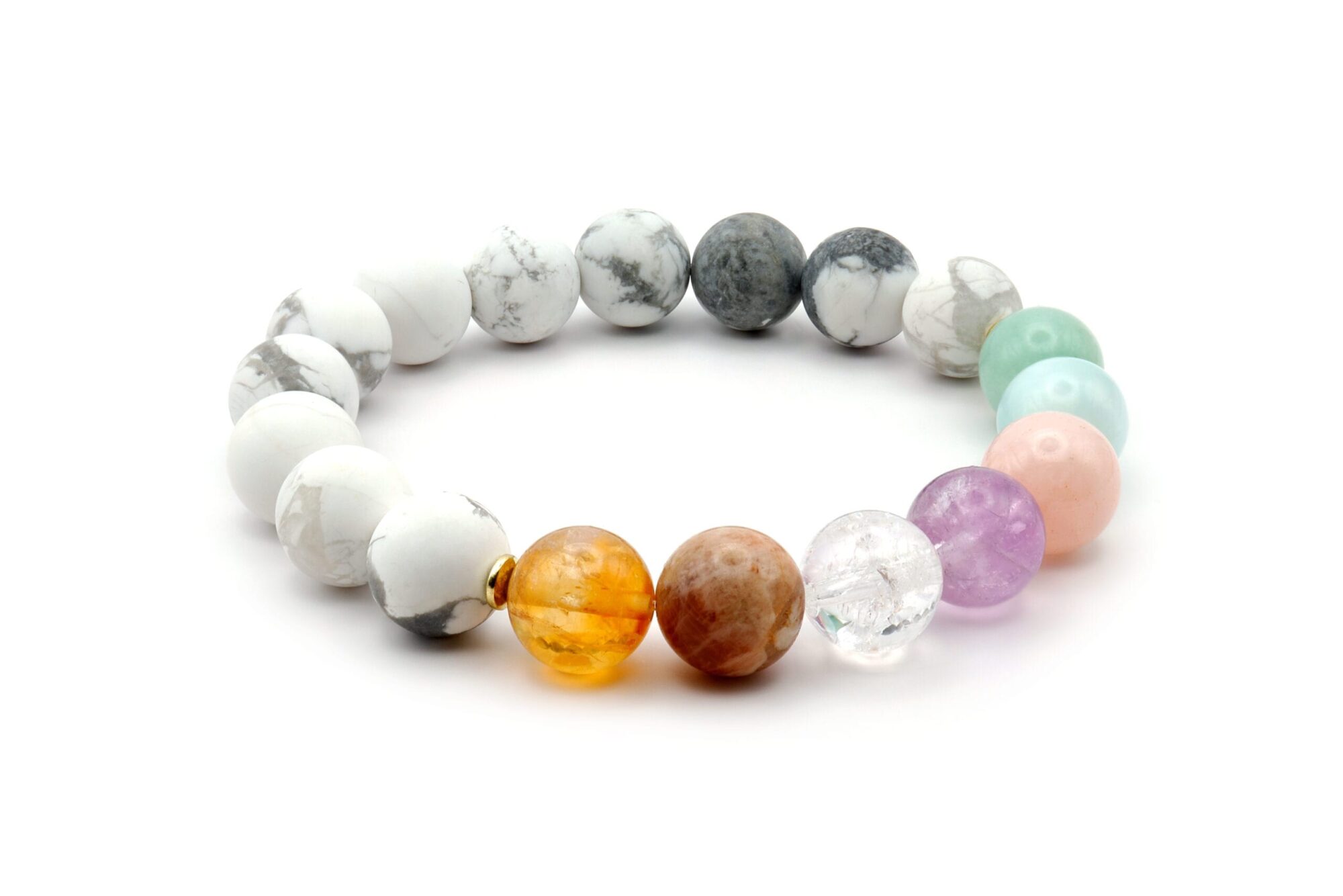 Moteriška apyrankė su citrinu, kalnų krištolu, rožiniu kvarcu, ametistu, saulės akmeniu, angelitu, amazonitu, hovlitu ir hematitu, įkrauta Reiki energija.